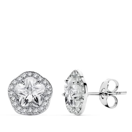 18K Pendientes Oro Blanco Flor Y Circonita 9 Mm Cierre Presion