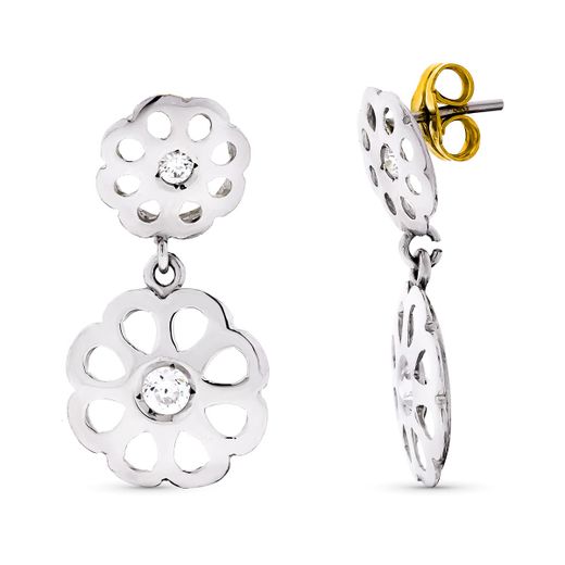 18K Pendientes Oro Blanco Flores Circonita 20X10 Mm Cierre Presion