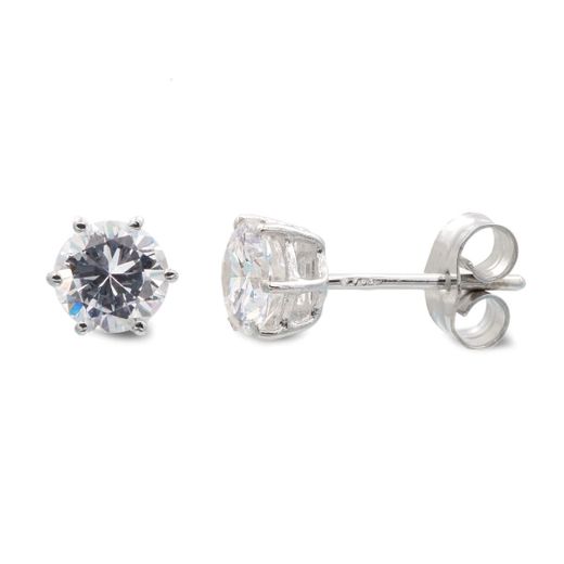 18K Pendientes Oro Blanco Garras Circonita 6X6 Mm Cierre Presion