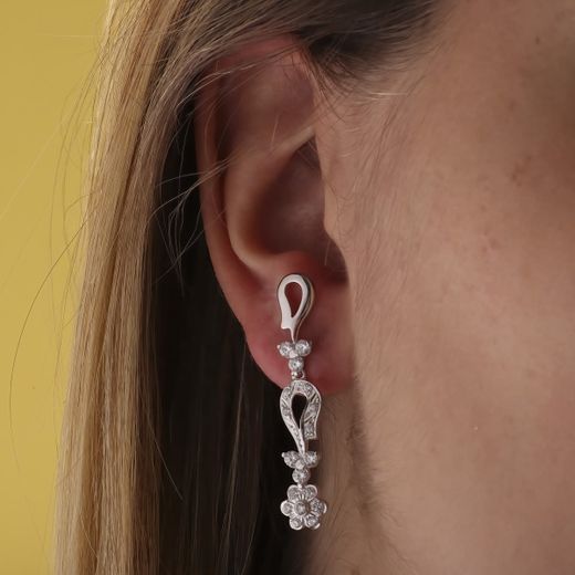 18K Pendientes Oro Blanco Juego Novia Articulado Circonita 42X7 Mm Presion