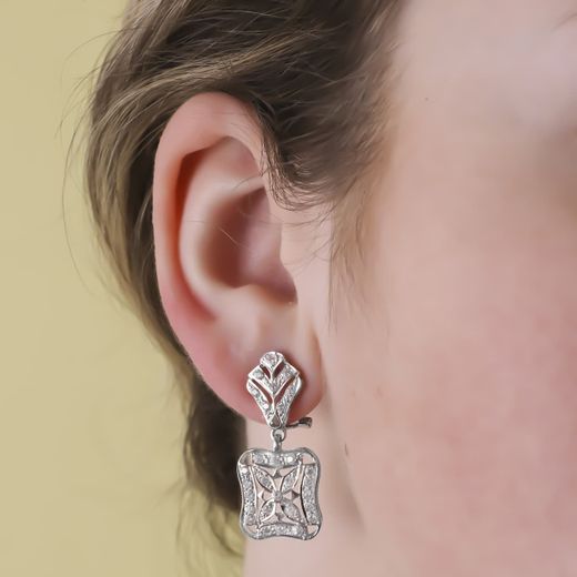 18K Pendientes Oro Blanco Juego Novia Doble Cuerpo 33X14 Mm Cierre Omega