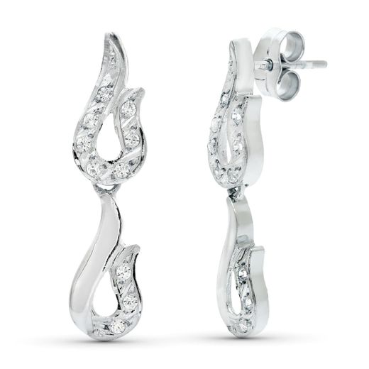 18K Pendientes Oro Blanco Juego Novia Doble Cuerpo Circonita 26X7 Mm Presion