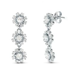 18K Pendientes Oro Blanco Juego Novia Largos Tres Cuajos 25X8 Mm Cierre Presion