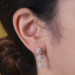 18K Pendientes Oro Blanco Juego Novia Largos Tres Cuajos 25X8 Mm Cierre Presion