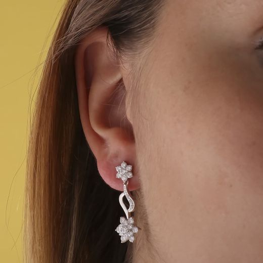 18K Pendientes Oro Blanco Juego Novia Piña Circonita 30X11 Mm Presion