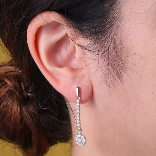 18K Pendientes Oro Blanco Juego Novia Piña Circonita 38X7 Mm Presion