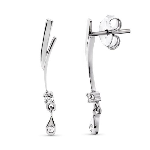 18K Pendientes Oro Blanco Largo Circonita 26X4 Mm Cierre Presion