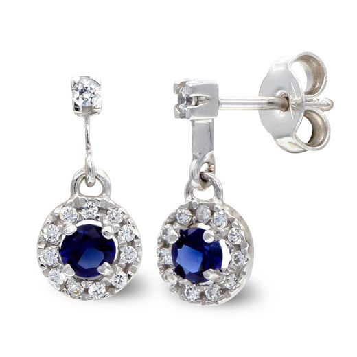 18K Pendientes Oro Blanco Largo Con Piedra Color Y Circonita Cierre Presion