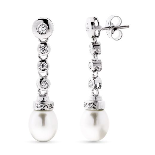 18K Pendientes Oro Blanco Largo Perla Ciultivada 8 Mm Y Circonita Total 30X7 Mm Cierre Presion
