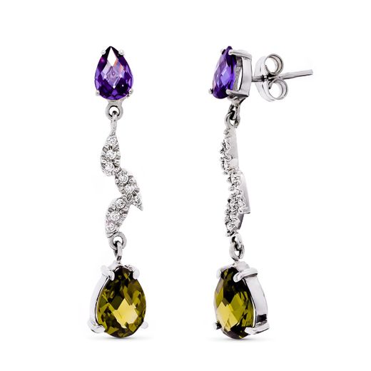 18K Pendientes Oro Blanco Largo Piedras Y Circonita 36X7 Mm Cierro Presion