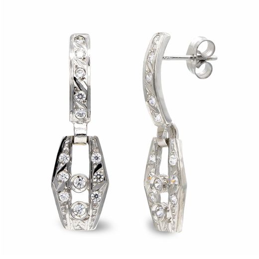 18K Pendientes Oro Blanco Largos Circonita 24X7 Mm Cierre Presion