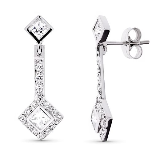 18K Pendientes Oro Blanco Largos Circonita 24X9 Mm Cierre Presion
