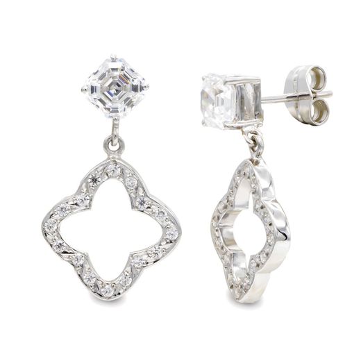 18K Pendientes Oro Blanco Largos Circonita 27X15 Mm Cierre Presion