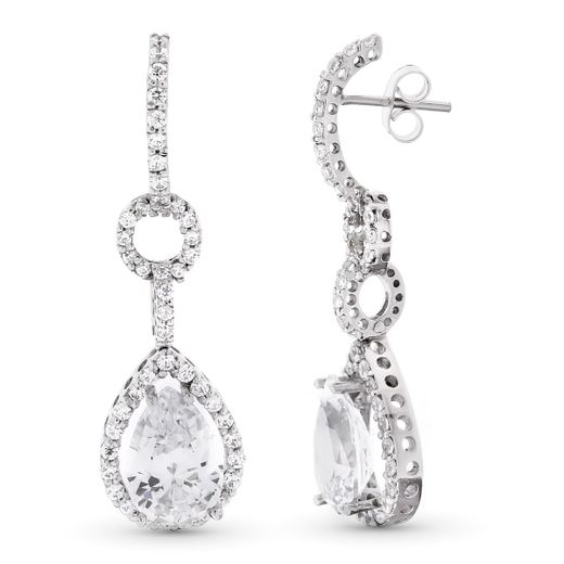 18K Pendientes Oro Blanco Largos Circonita 41X11 Mm Cierre Presion