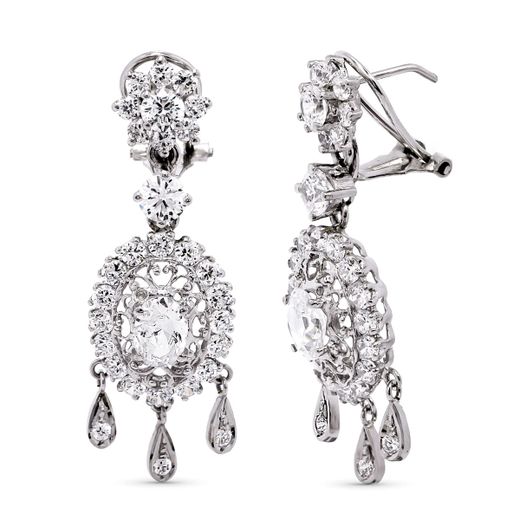18K Pendientes Oro Blanco Largos Circonita 42X14 Mm Cierre Omega