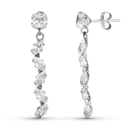 18K Pendientes Oro Blanco Largos Circonita Cierre Presion