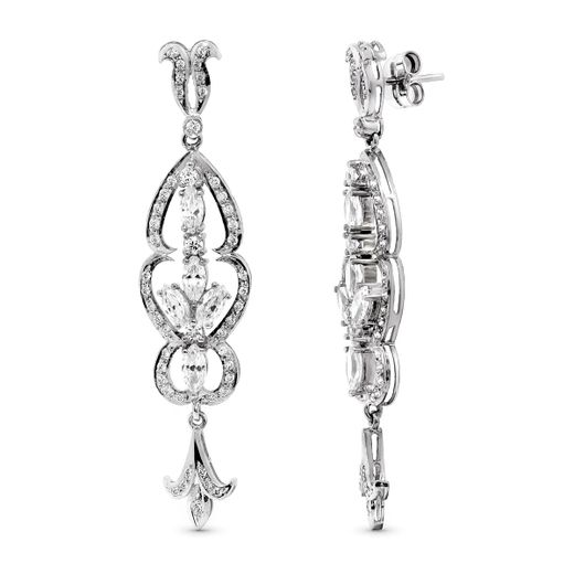 18K Pendientes Oro Blanco Largos Con Circonita 59X14 Mm Cierre Presion