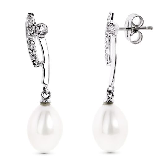 18K Pendientes Oro Blanco Largos Con Circonita Y Perla Cierre Presion