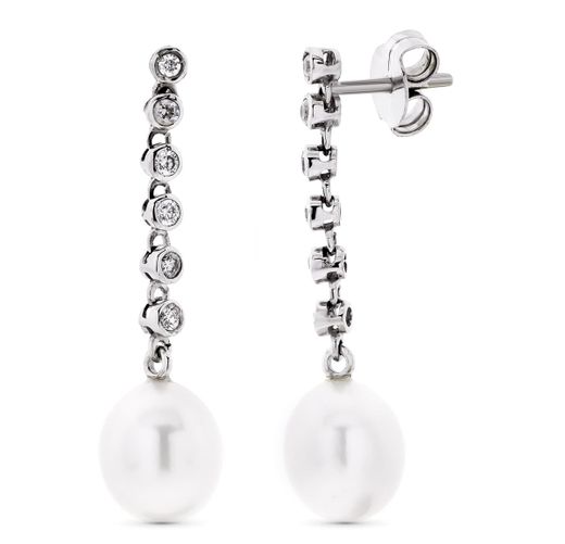 18K Pendientes Oro Blanco Largos Con Circonita Y Perla Cierre Presion