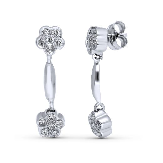 18K Pendientes Oro Blanco Largos Flores 26X7 Mm Presión
