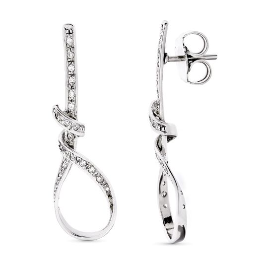 18K Pendientes Oro Blanco Largos Nudo Circonita 41X12 Mm Presión