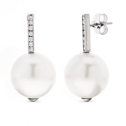 18K Pendientes Oro Blanco Largos Perla 14 Mm Y Circonita Cierre Presion