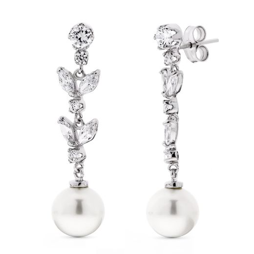 18K Pendientes Oro Blanco Largos Perla 9 9.5 Mm Y Circonita Cierre Presion