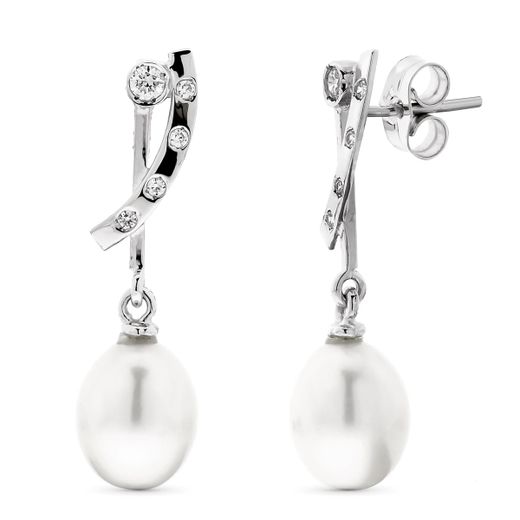 18K Pendientes Oro Blanco Largos Perla Pera Y Circonita Cierre Presion