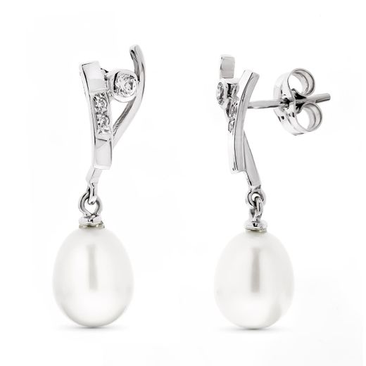 18K Pendientes Oro Blanco Largos Perla Pera Y Circonita Cierre Presion