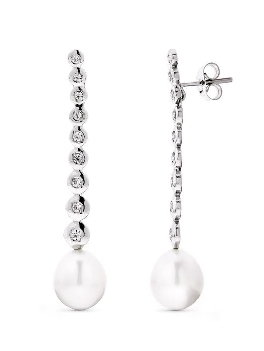 18K Pendientes Oro Blanco Largos Perla Pera Y Circonita Cierre Presion