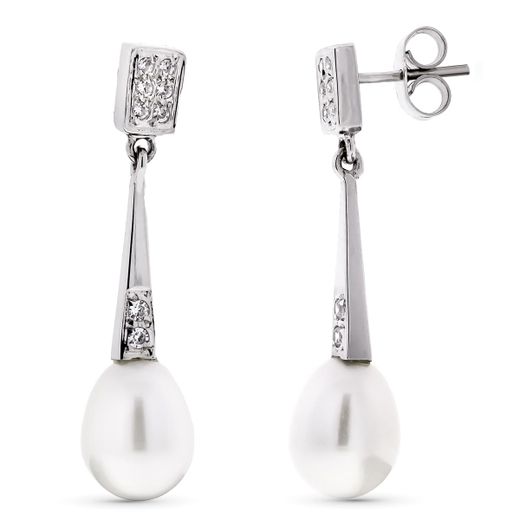 18K Pendientes Oro Blanco Largos Perla Y Circonita Cierre Presion