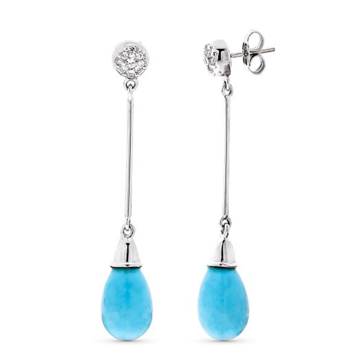 18K Pendientes Oro Blanco Largos Turquesa Y Circonita Presión
