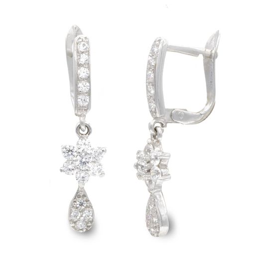 18K Pendientes Oro Blanco Largos Y Circonita 25X5 Mm Cierre Catalan