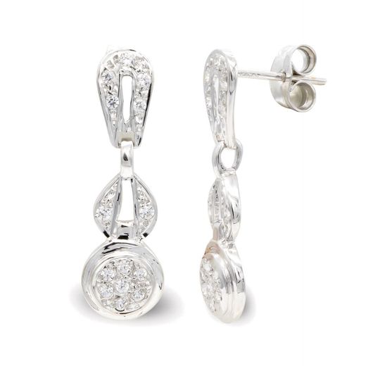 18K Pendientes Oro Blanco Largos Y Circonita Cierre Presion