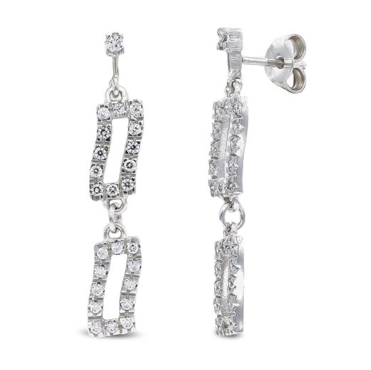 18K Pendientes Oro Blanco Largos Y Circonita Cierre Presion