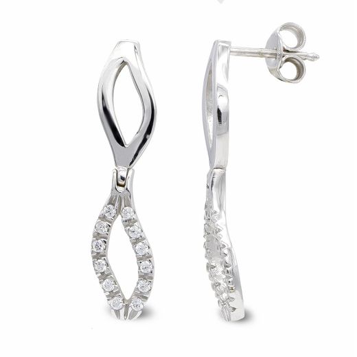 18K Pendientes Oro Blanco Largos Y Circonita Cierre Presion