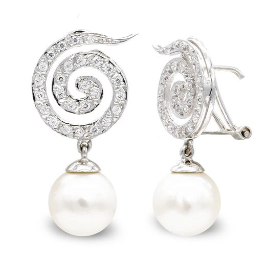 18K Pendientes Oro Blanco Largos Y Perla 10 Mm Cierre Omega