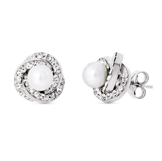 18K Pendientes Oro Blanco Nudo Perla 9X9 Mmcierre Presion