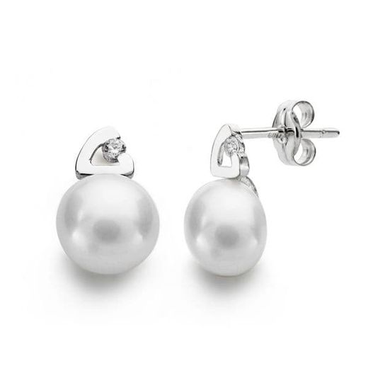 18K Pendientes Oro Blanco Perla 12X7 Mm Cierre Presion