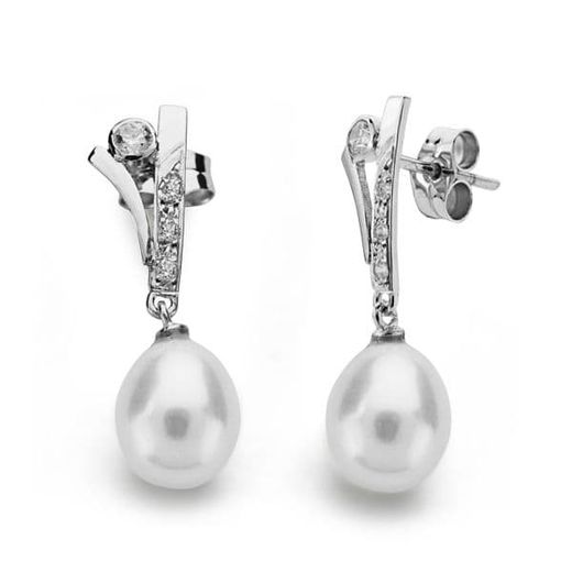 18K Pendientes Oro Blanco Perla 23X7 Mm Cierre Presion