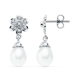 18K Pendientes Oro Blanco Perla 23X8 Mm Cierre Presion