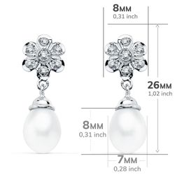 18K Pendientes Oro Blanco Perla 23X8 Mm Cierre Presion