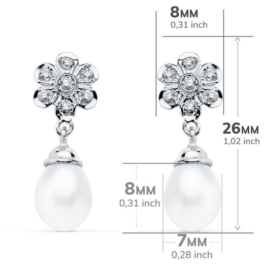18K Pendientes Oro Blanco Perla 23X8 Mm Cierre Presion