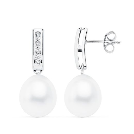 18K Pendientes Oro Blanco Perla 24X9 Mm Cierre Presion