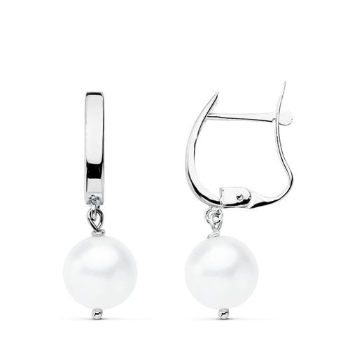 18K Pendientes Oro Blanco Perla 25X7.5 Mm Cierre Catalan
