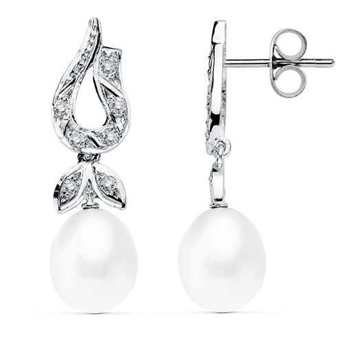 18K Pendientes Oro Blanco Perla 26X8 Mm Cierre Presion