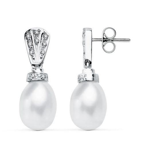 18K Pendientes Oro Blanco Perla 26X9 Mm Cierre Presion