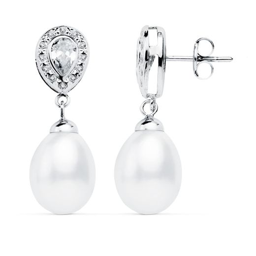 18K Pendientes Oro Blanco Perla 27X9 Mm Cierre Presion