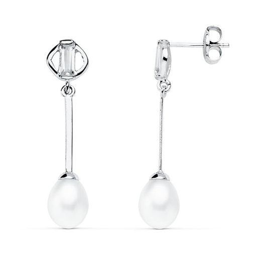 18K Pendientes Oro Blanco Perla 29X6 Mm Cierre Presion