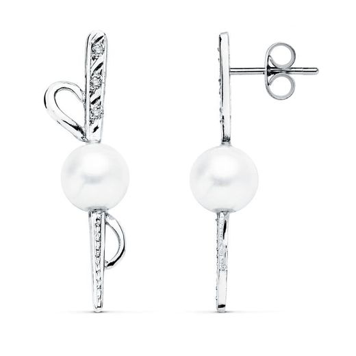 18K Pendientes Oro Blanco Perla 30X9 Mm Cierre Presion